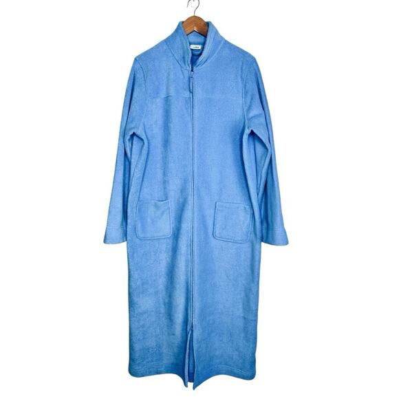 LL Bean Fleece Robe Size Large Full Zip Long Plush Winter Arctic Blue Pockets - Picture 1 of 12